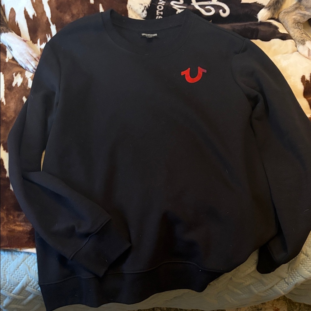 True Religion Black Crewneck Sweatshirt with Red Horseshoe Logo